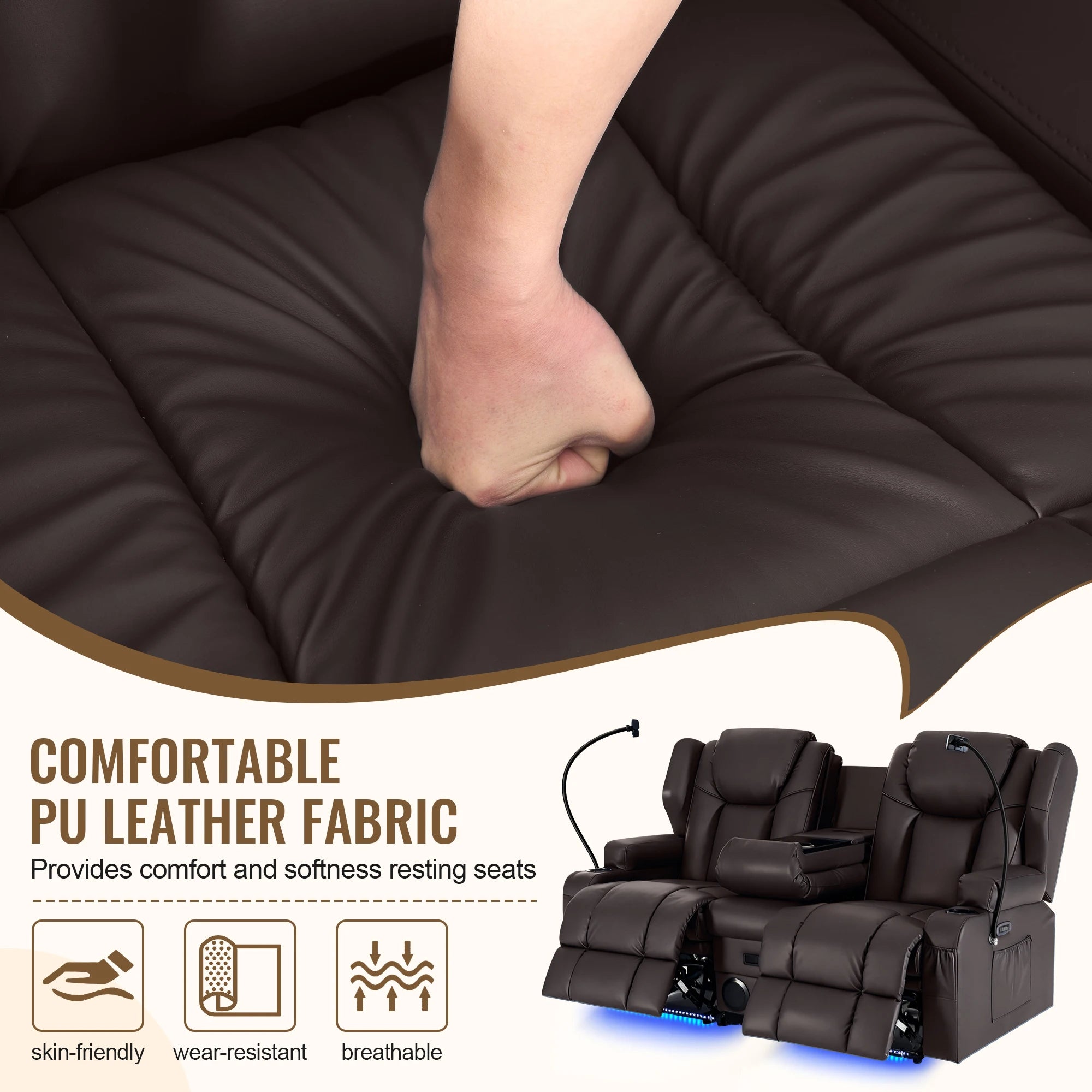 Power Loveseat Recliner with Massage & Heat — Dual Motor, Cat-Claw Leather