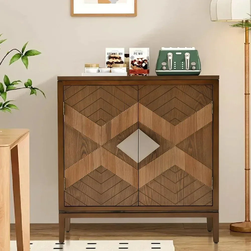 Mid-Century Modern Carved Wood Sideboard Buffet Geometric