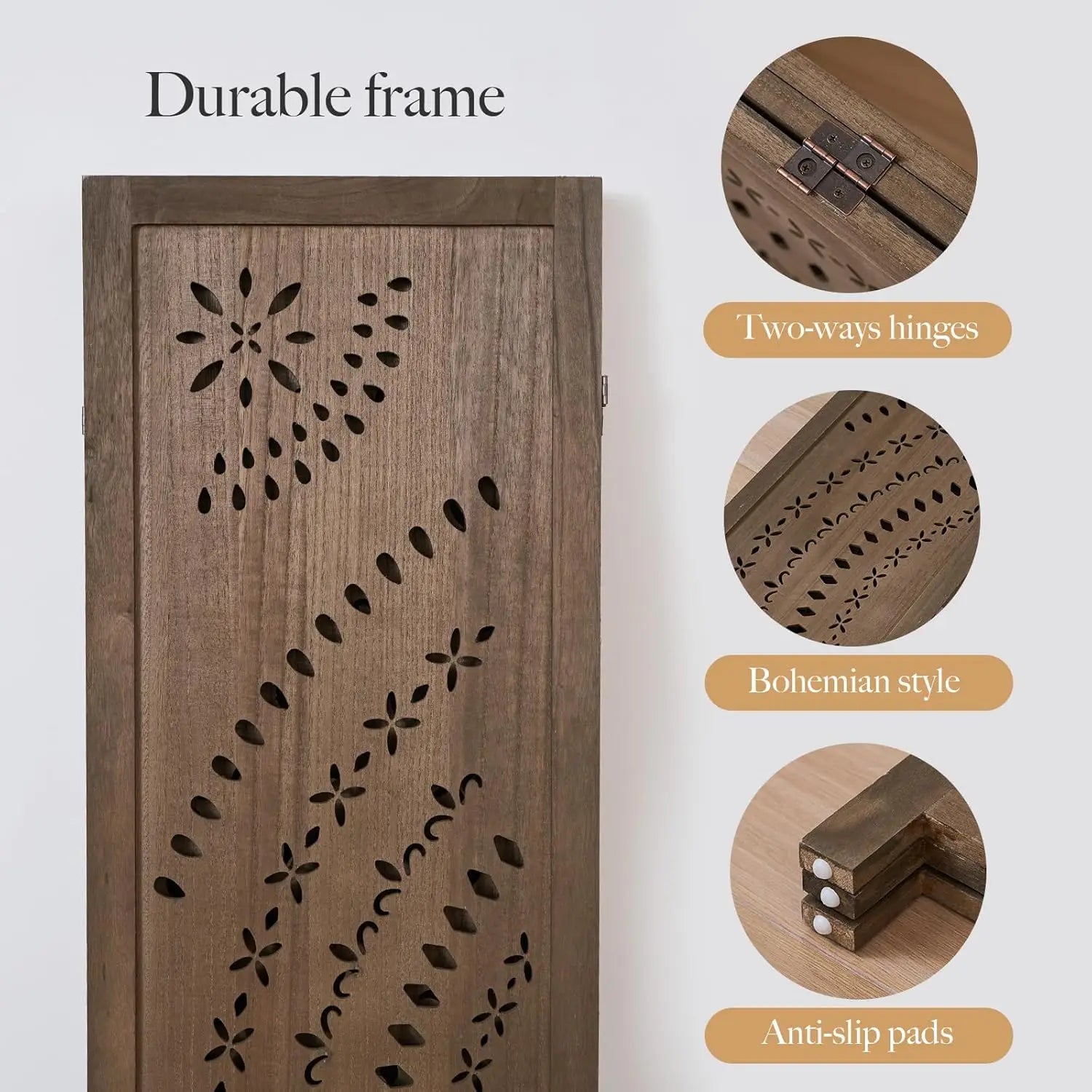 3-Panel Wood Carved Folding Room Divider, Freestanding Privacy Screen