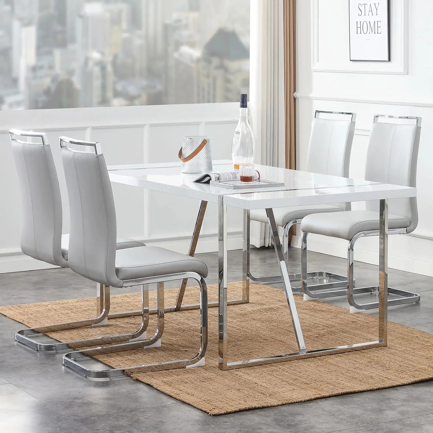 Dining Table Set for 4，White Rectangular Kitchen Table and Leather Dining Chairs
