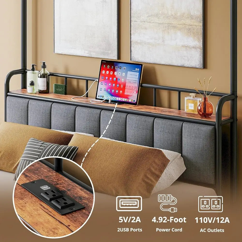 Upholstered Bed Frame — Black & Brown, Full, Queen & King