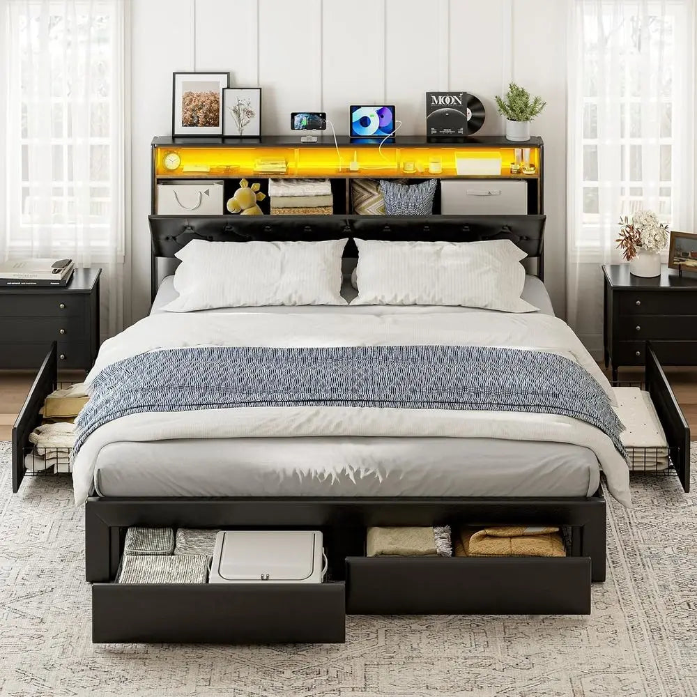 California King Bed with 4 Drawers, Hidden Storage, Upholstered Platform