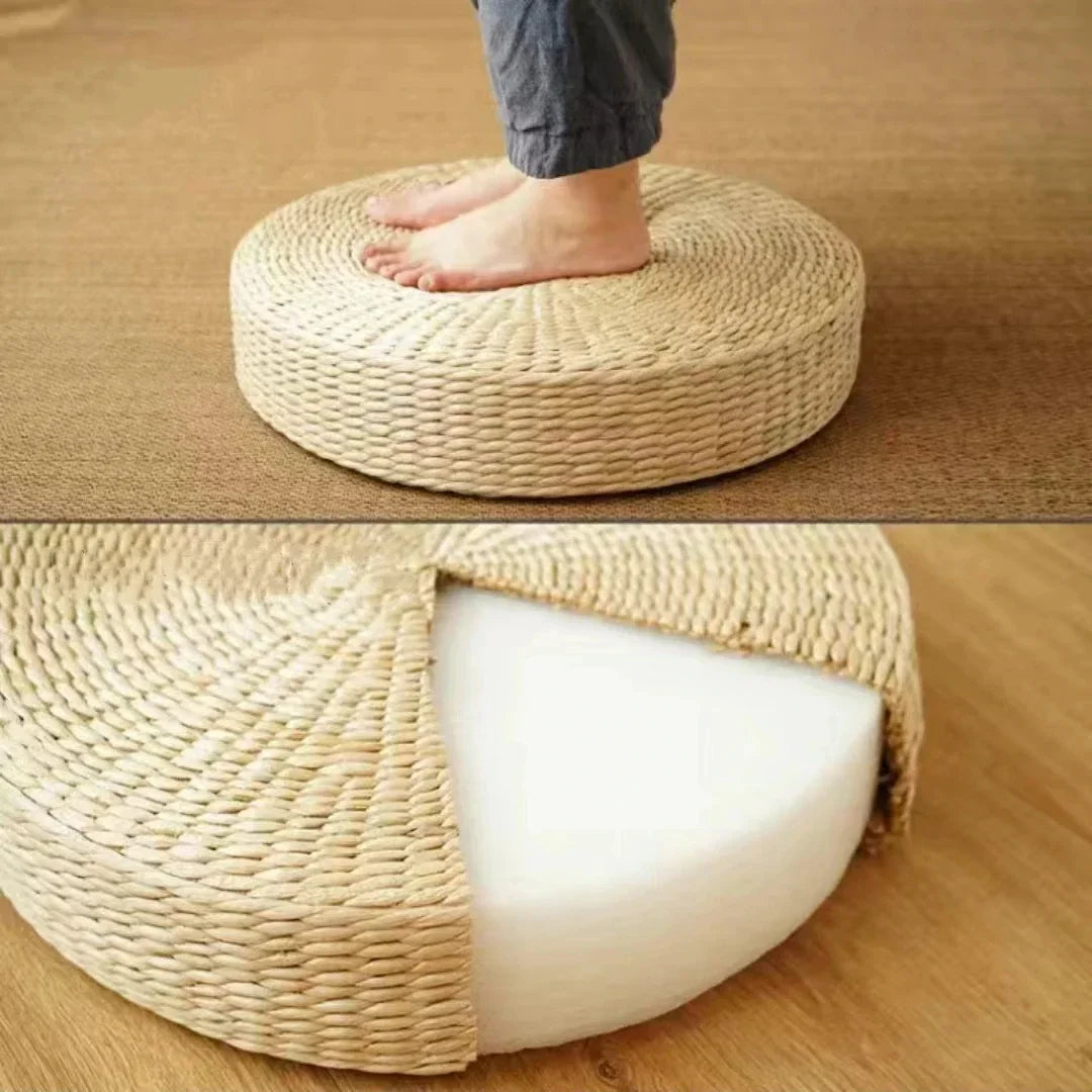 Handmade Woven Natural Straw Round Pouf Tatami Cushion Floor Cushion Home