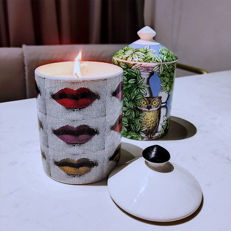 Ceramic Scented Candle Jar with Lid Exquisite Red Lip Ornament Jewelry Box