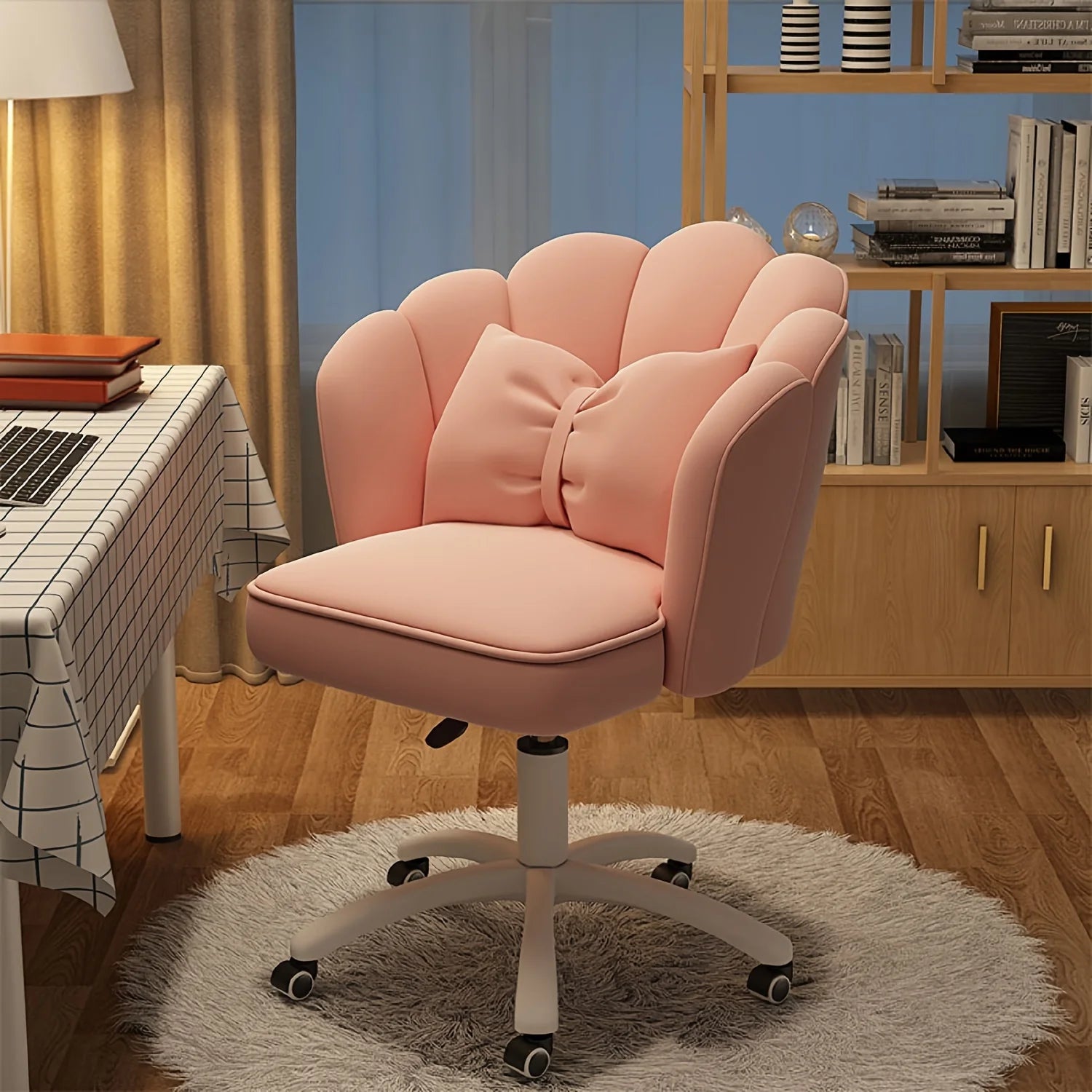 Velvet Swivel Chair with Adjustable Height & Lumbar Pillow  Home Office Study