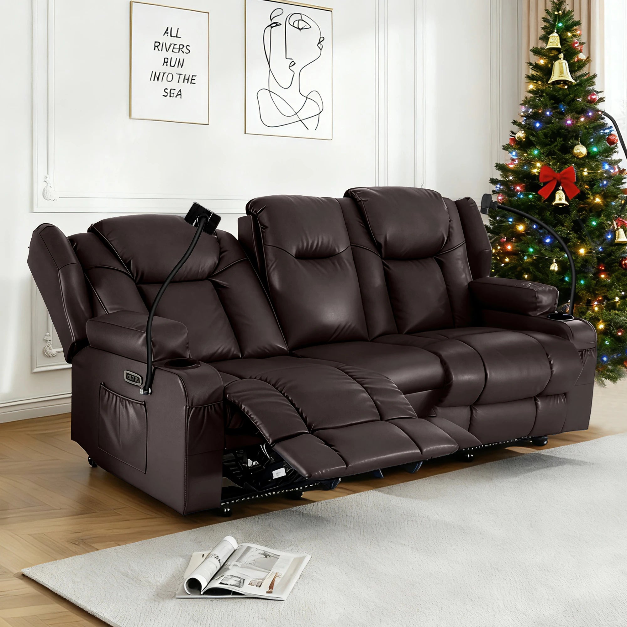Power Loveseat Recliner with Massage & Heat — Dual Motor, Cat-Claw Leather
