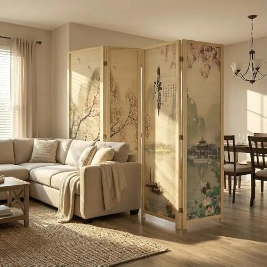 6FT Folding Bamboo Room Divider with Cherry Blossom Scene, Beige Wood Frame