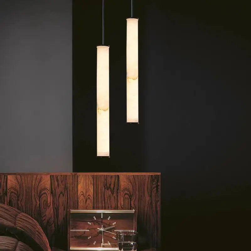 Cylindrical Natural Marble Chandelier Black Brass 3000K Indoor Bedroom Lamp