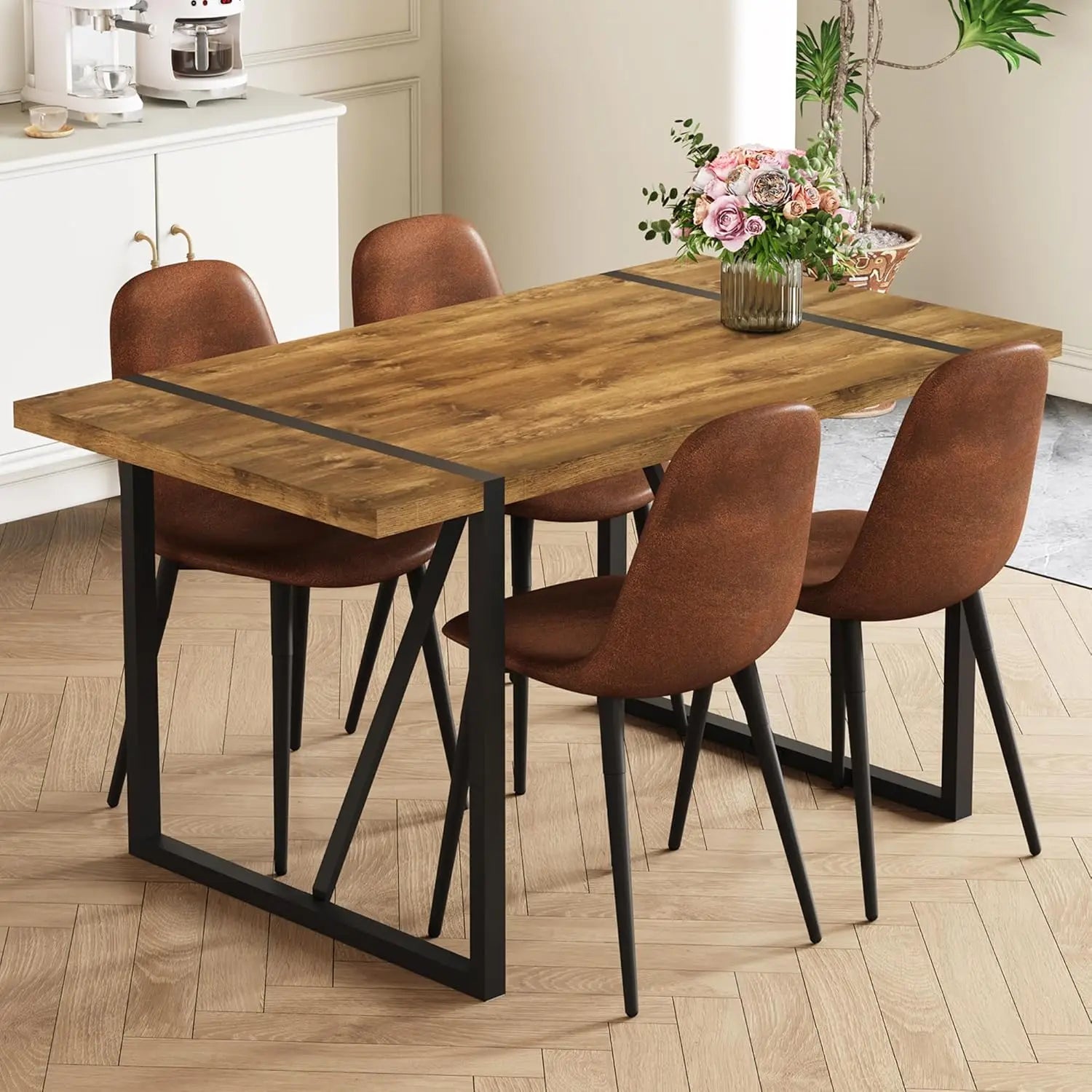 Rustic 5 Piece Dining Set Mid Century 55in Rectangle Wood Table Fabric Chairs