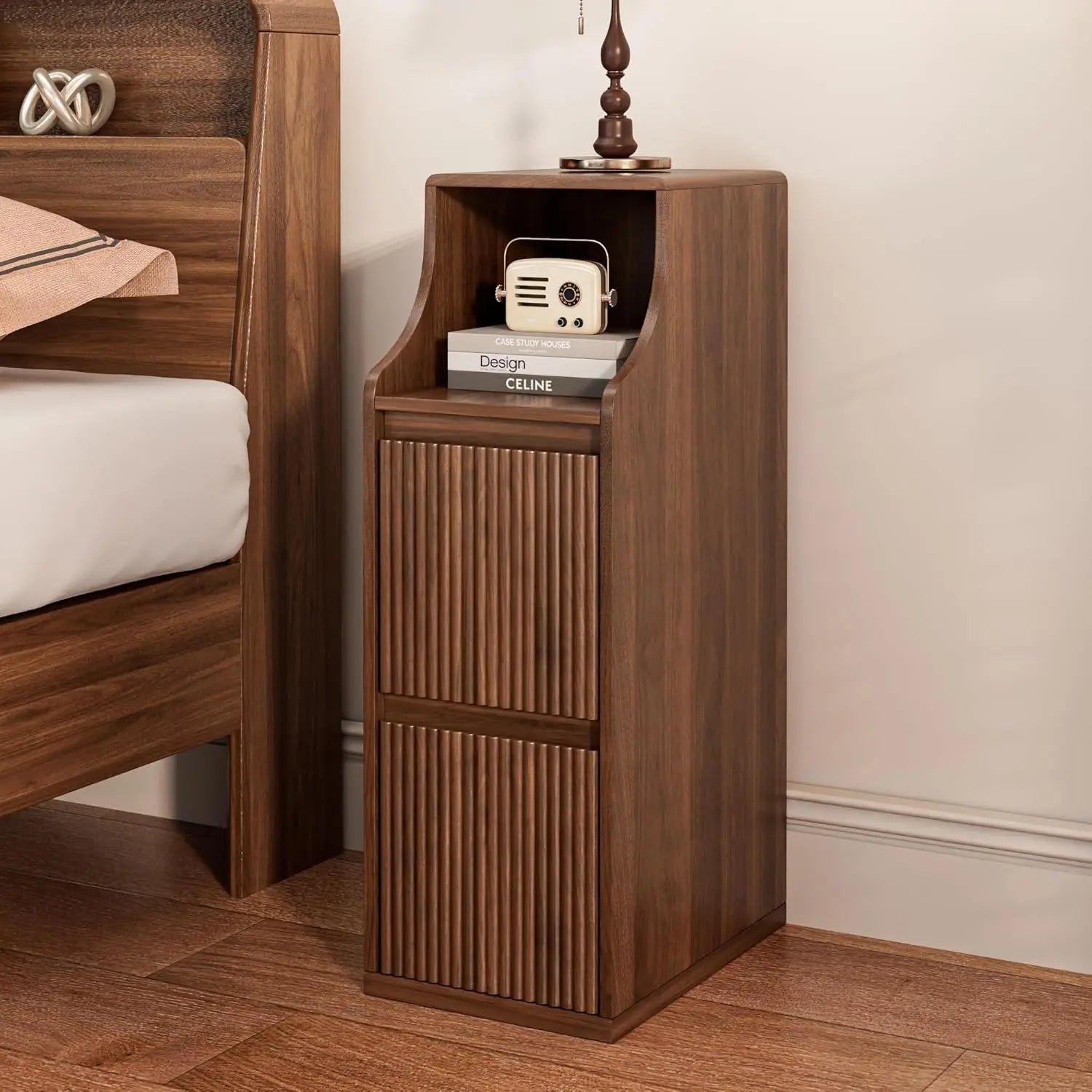 Fluted Narrow Nightstand Set Of 2, Skinny Bedside Table With 2 Drawers