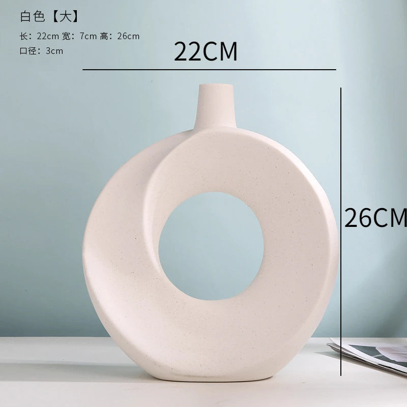 Nordic Ceramic Vase Circular Hollow Donuts Flower Pot Home Living Room