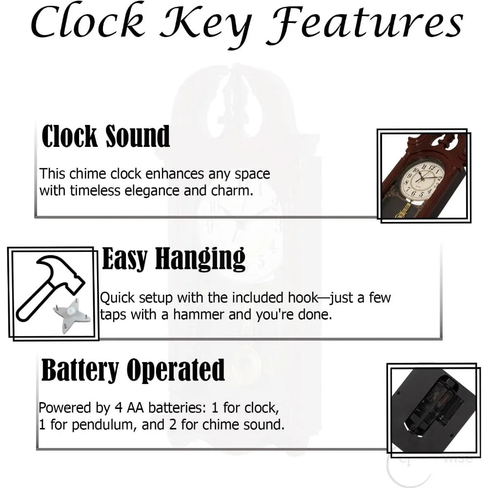 Grandfather Clock Wood Grain Swinging Pendulum Chiming Decorative Wall Accent