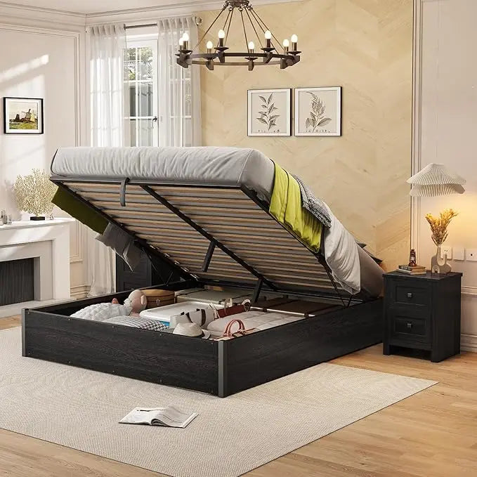 Queen Lift-Up Storage Bed — Wooden Platform with Under-Bed Storage