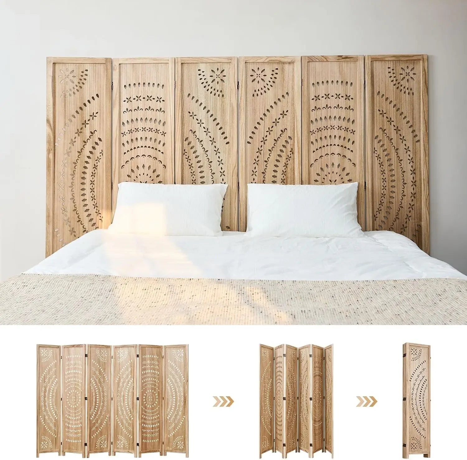 66.9Inch Folding Room Divider, 6 Panels Wood Carved Privacy Screens