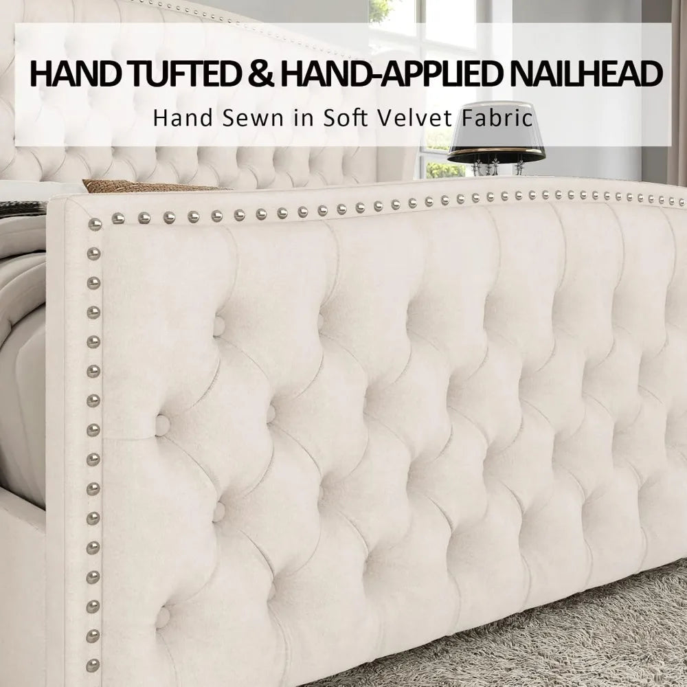 King Size Platform Bed Frame Velvet Upholstered Deep Button Tufted Box