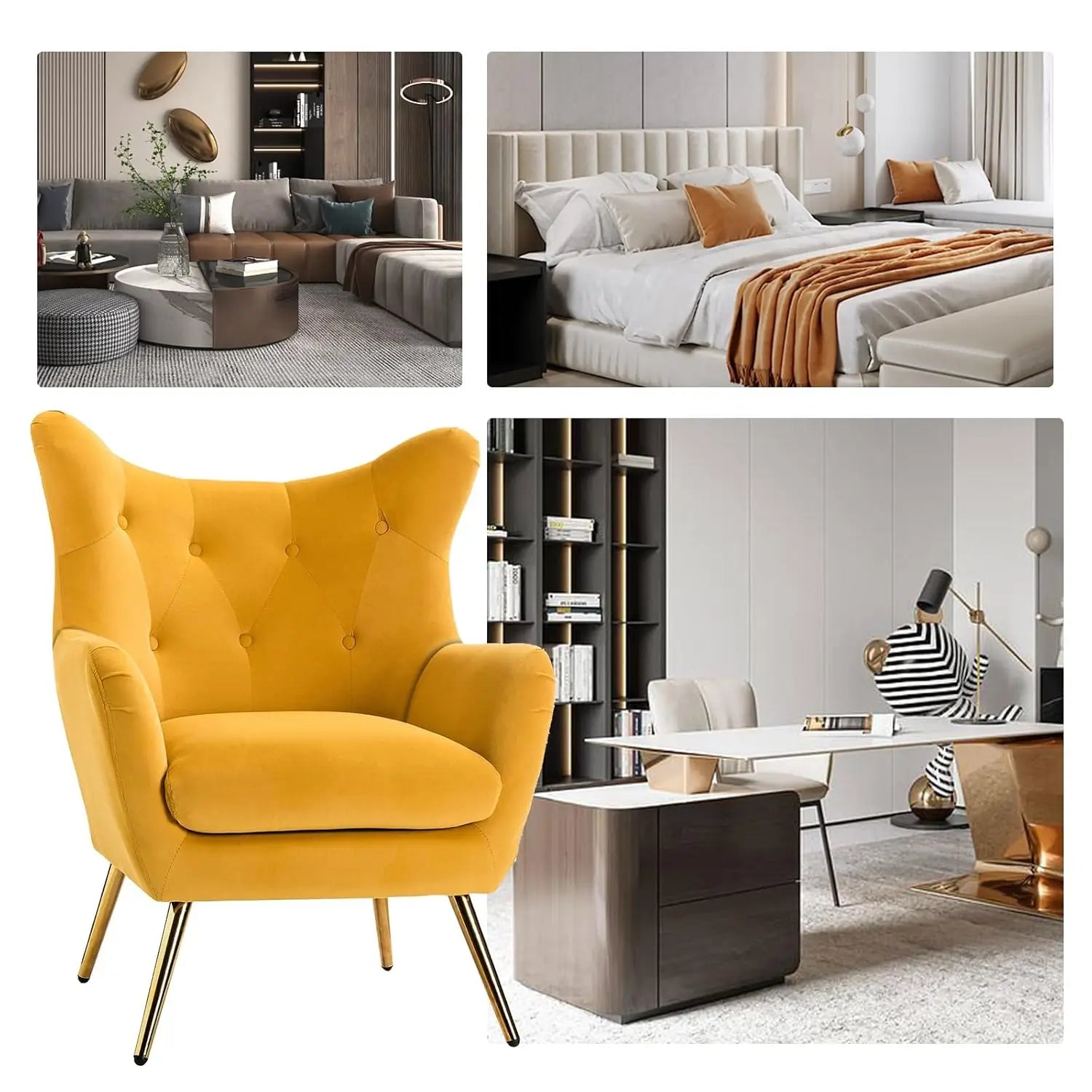 Velvet Accent Chair, Modern Wingback Arm Chair with Metal Gold Legs