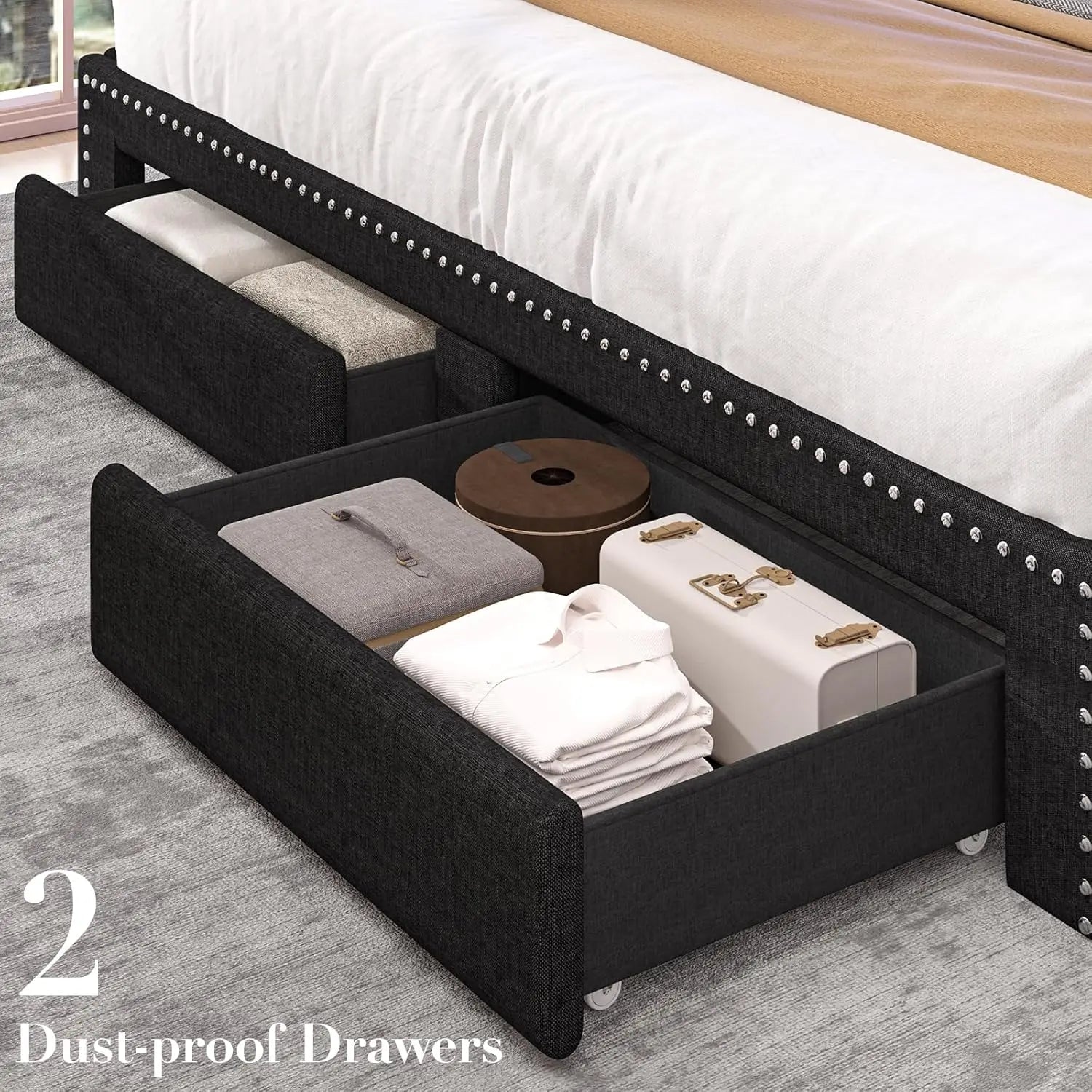 Linen Full Size Bed Frame with 2-Tier Storage Headboard and Charging Station, Upholstered Platform Bed Frames with, Customized