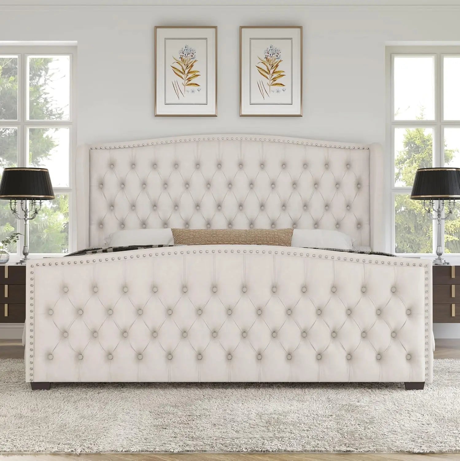 King Size Platform Bed Frame Velvet Upholstered Deep Button Tufted Box