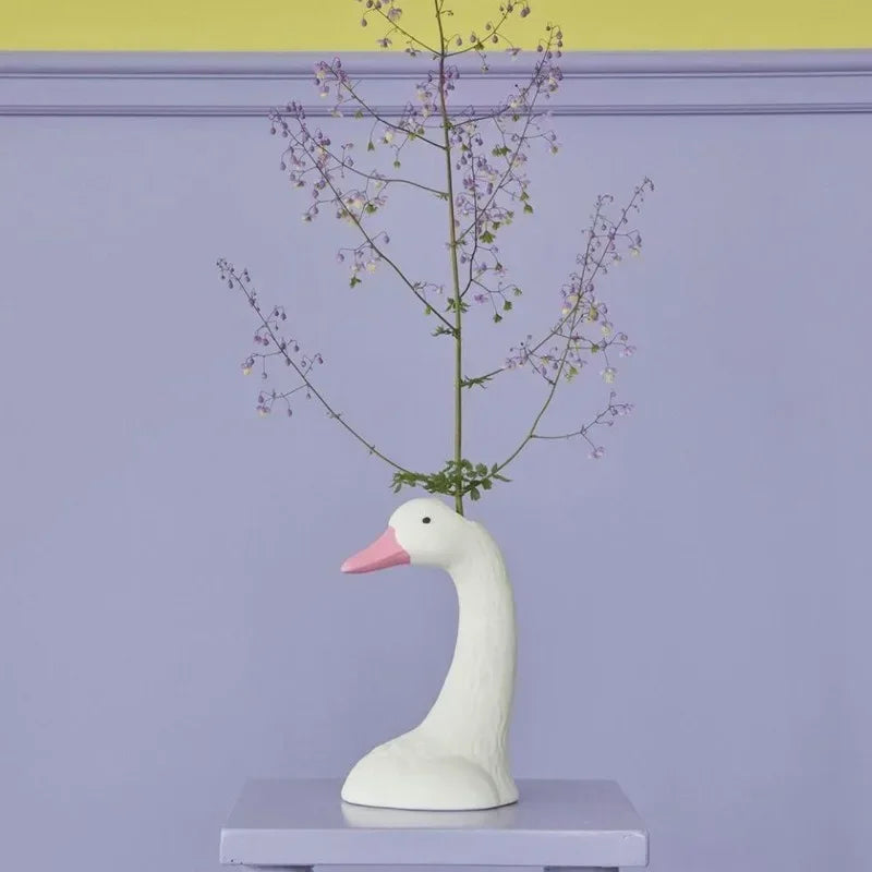 Nordic Girl Pink and White Swan Ceramic Vase Decoration, Creative Pink Goose