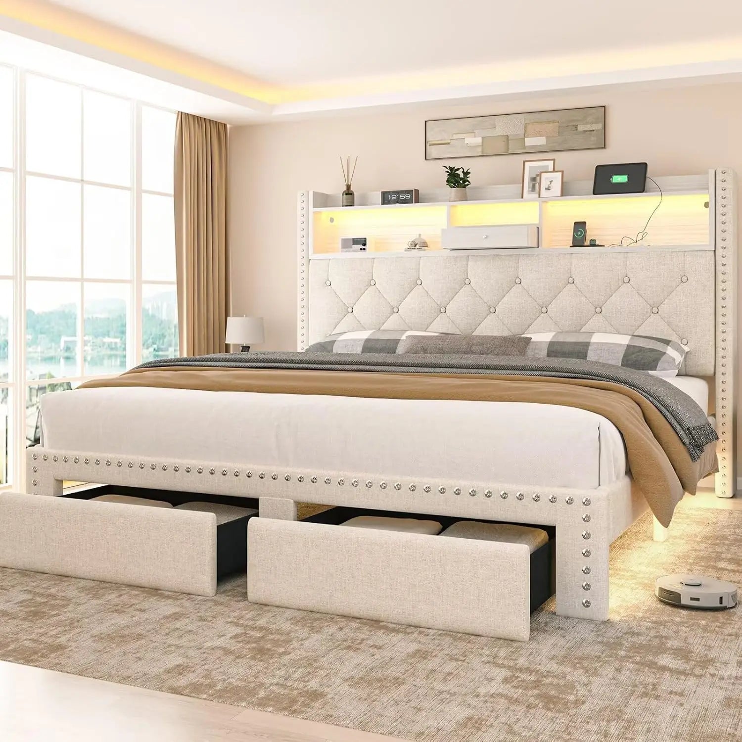 Linen Full Size Bed Frame with 2-Tier Storage Headboard and Charging Station, Upholstered Platform Bed Frames with, Customized