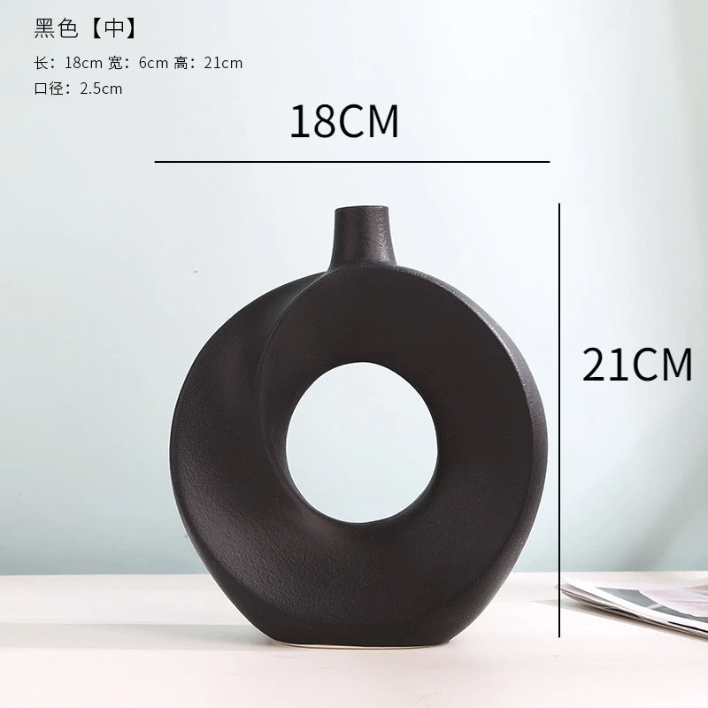 Nordic Ceramic Vase Circular Hollow Donuts Flower Pot Home Living Room