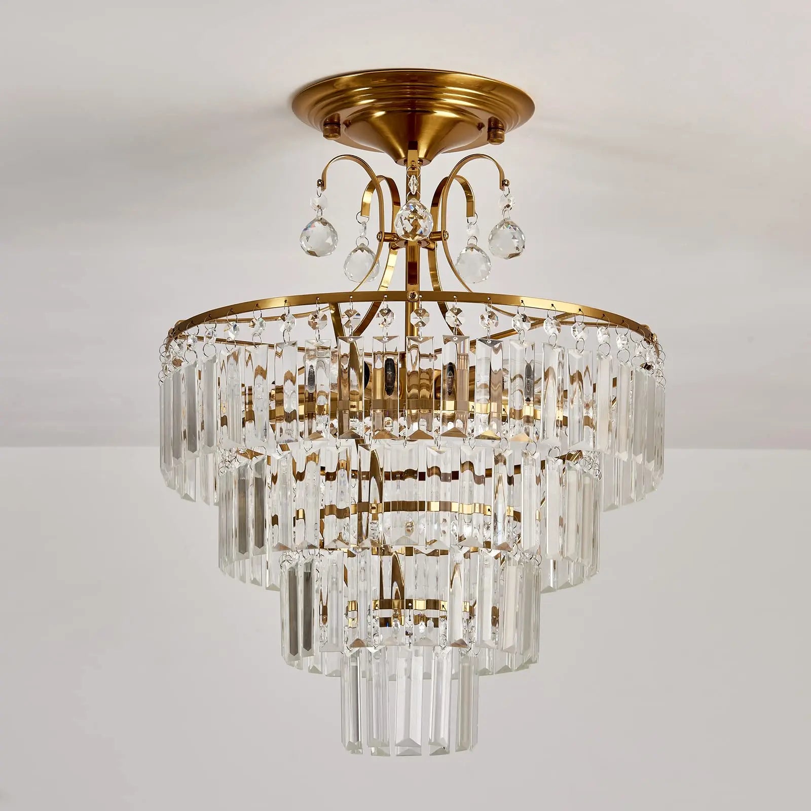 Luxury Gold Crystal Ceiling Light, Round Dimmable Semi-Flush Mount Modern