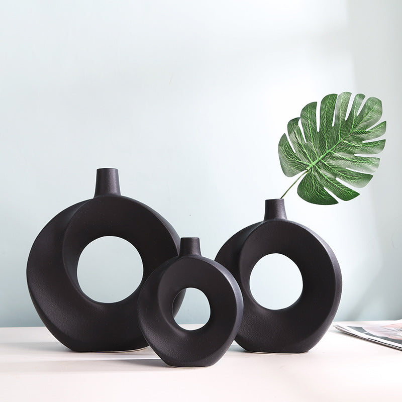 Nordic Ceramic Vase Circular Hollow Donuts Flower Pot Home Living Room