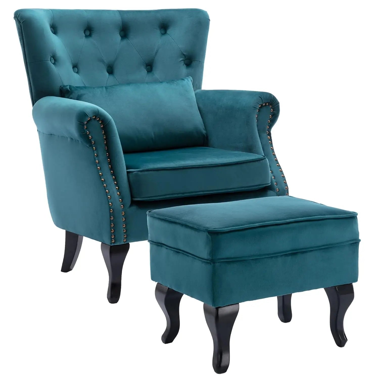 Mid Century Button Tufted Velvet Wingback Accent Club Chair With Pillow