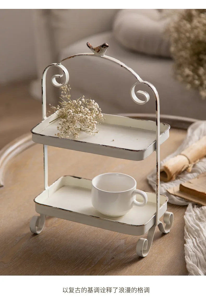 Metal White Double Height Tray with Retro Bird Finale, Cake Stand, Kitchen Storage