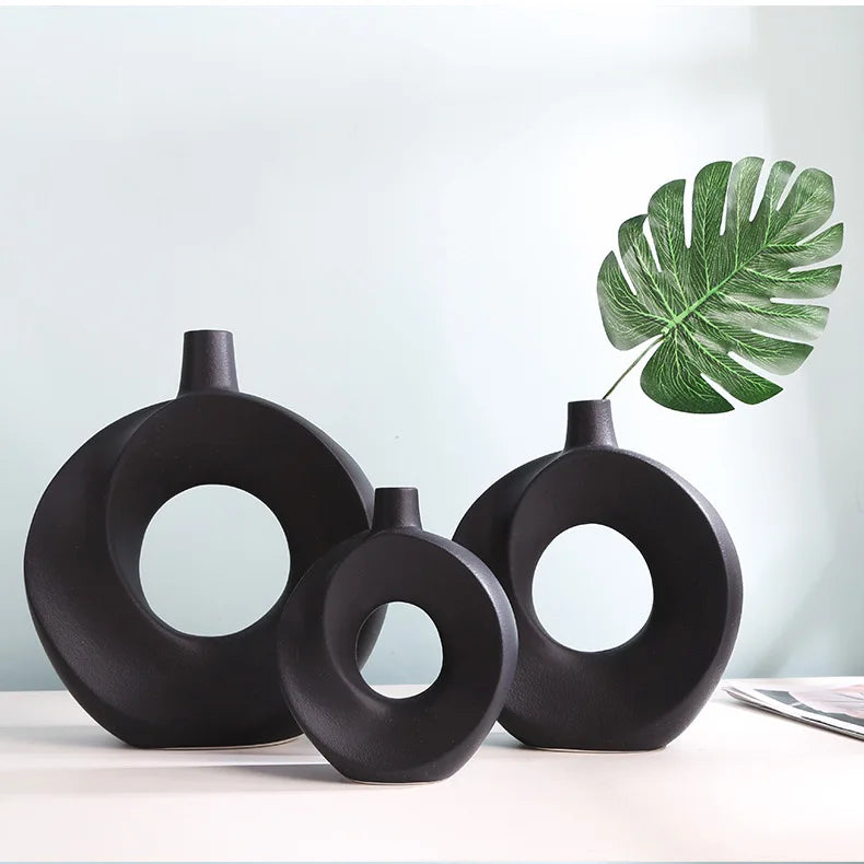 Nordic Ceramic Vase Circular Hollow Donuts Flower Pot Home Living Room