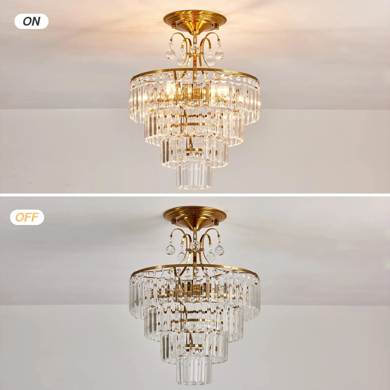 Luxury Gold Crystal Ceiling Light, Round Dimmable Semi-Flush Mount Modern