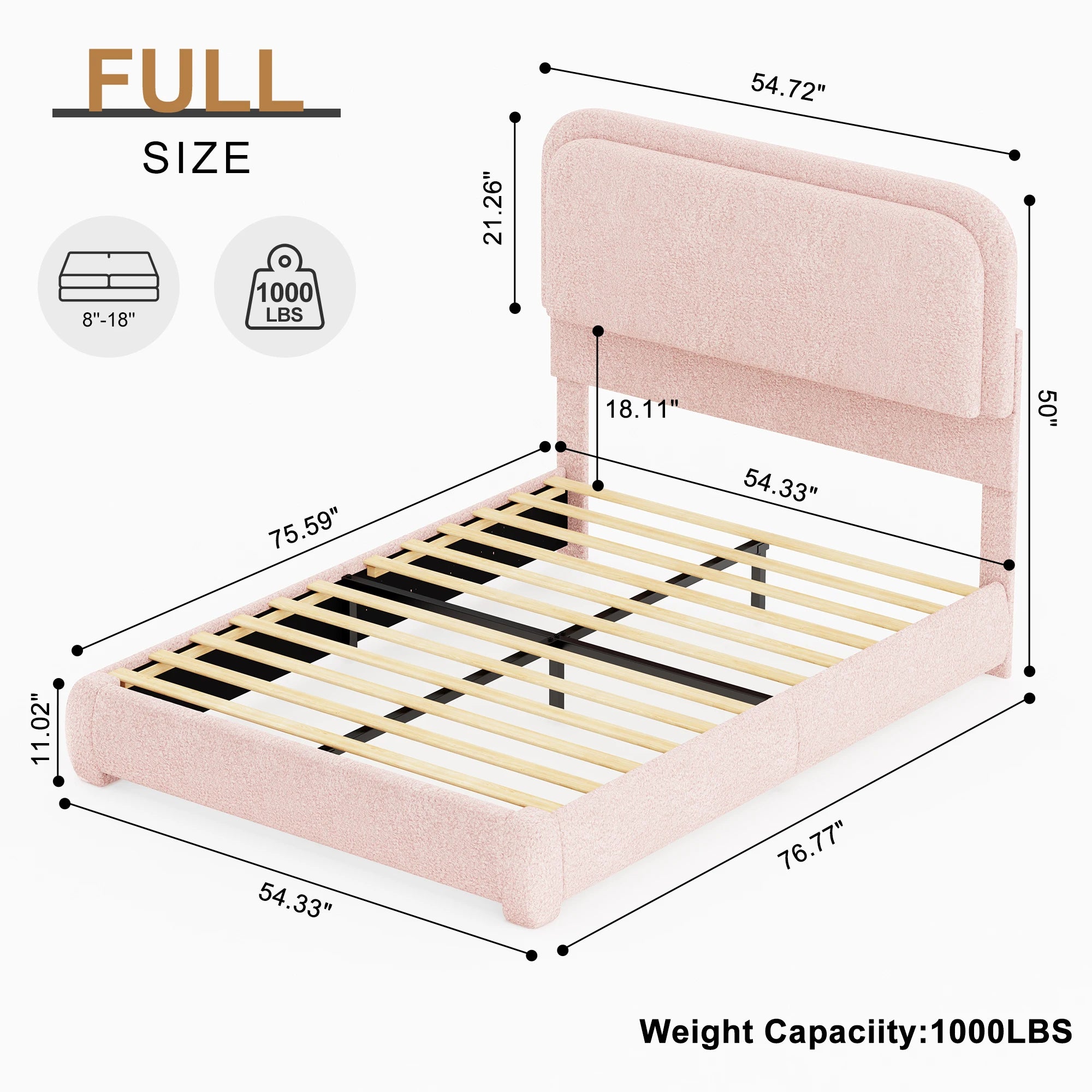 Full Size LED Bed Frame with Storage Drawers, Teddy Upholstery, Rounded