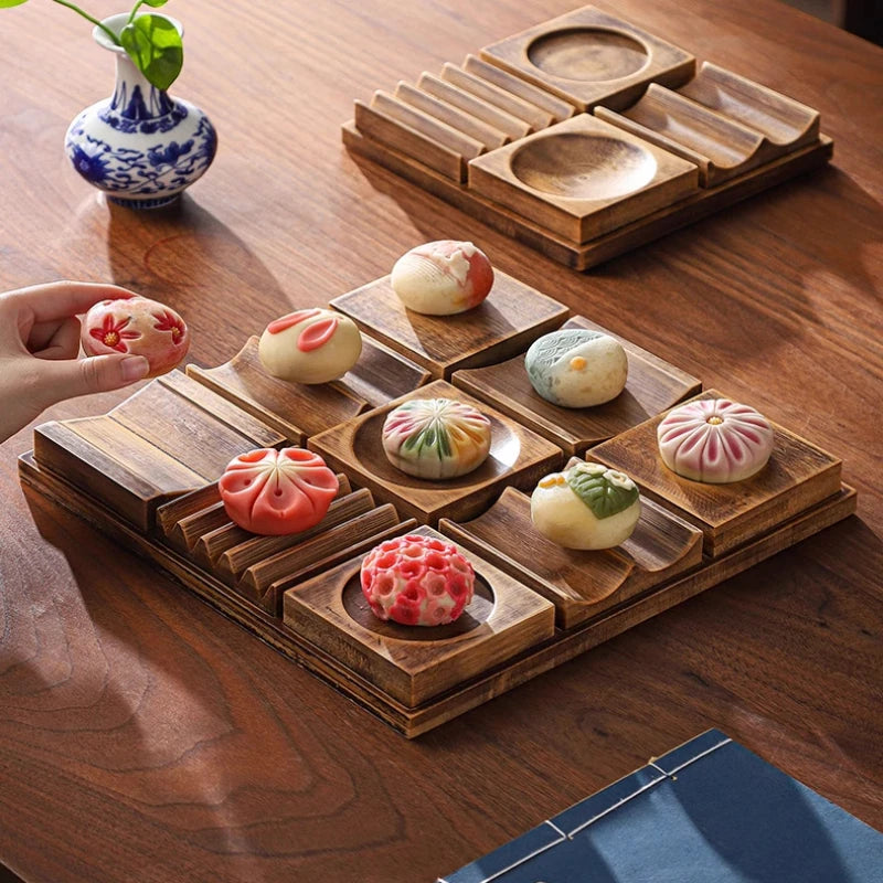 Wooden Snack Tray 9-Compartment Dessert Platter Specialty Plates Set
