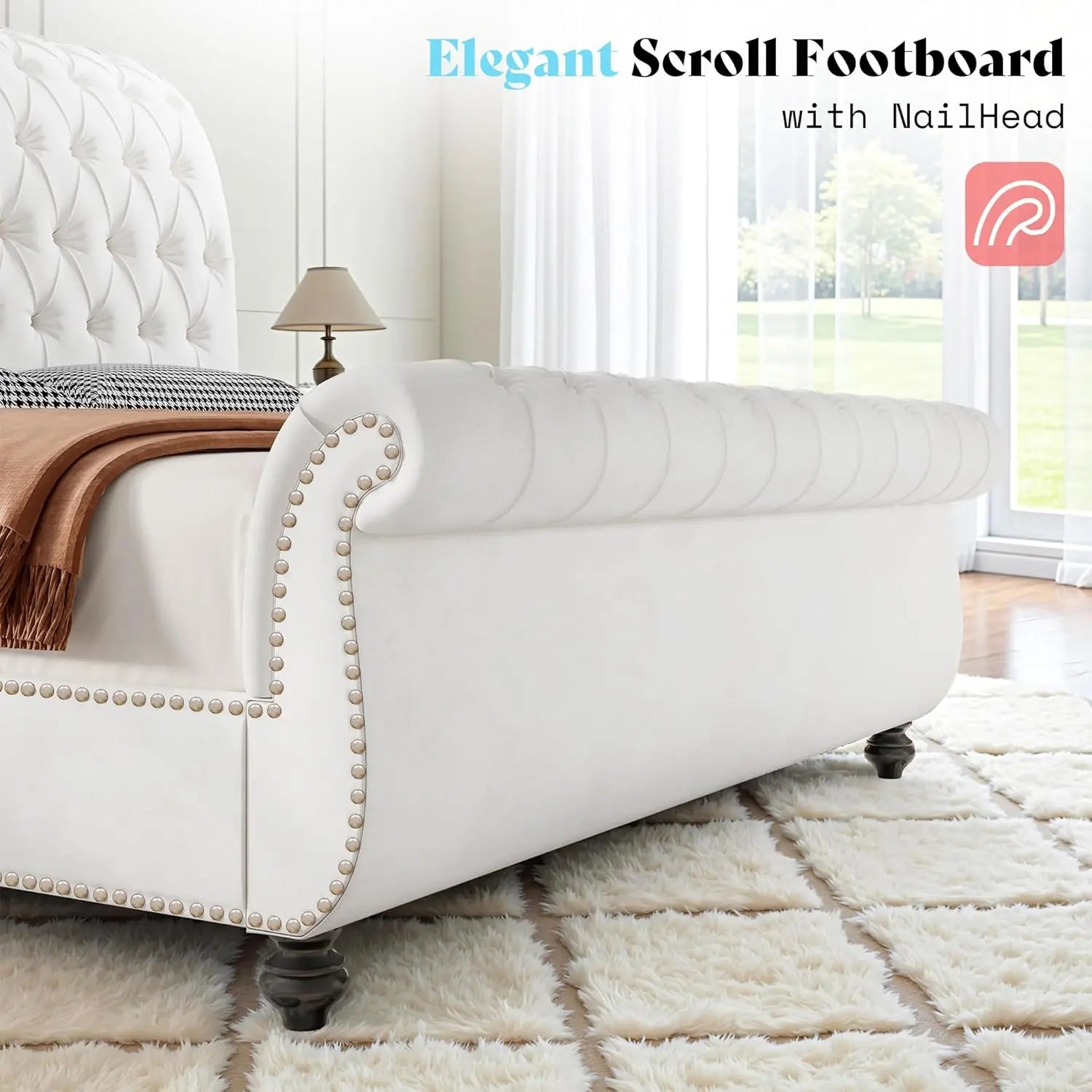 Velvet Sleigh Bed Frame — Queen, Scroll Headboard & Footboard