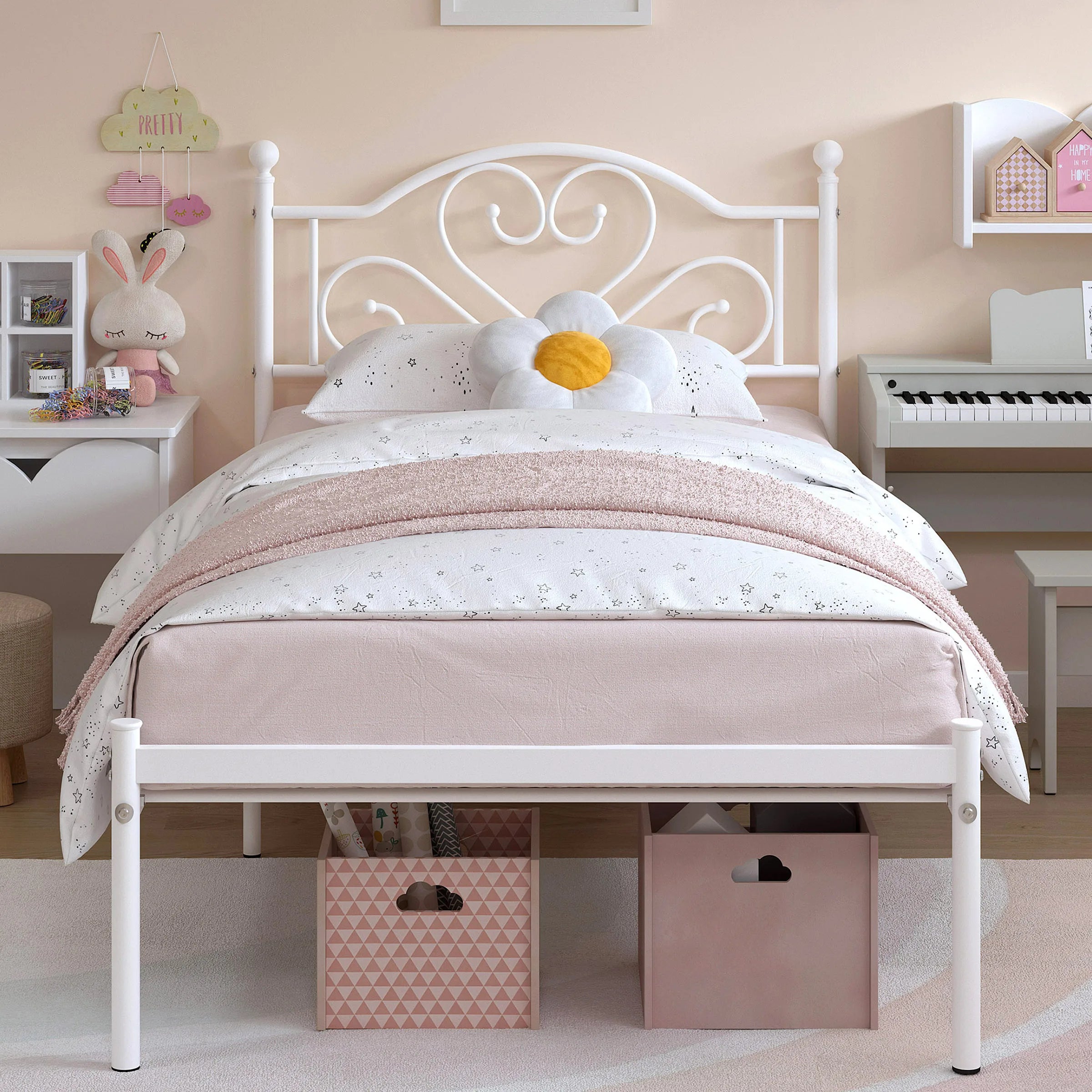 Twin Bed Frame with Headboard, Heavy Duty Metal Platform Bed with Under Bed