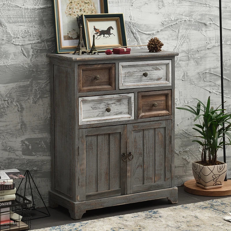 ‌Distressed Mediterranean Sideboard‌ Mortise-Tenon Solid Wood Storage