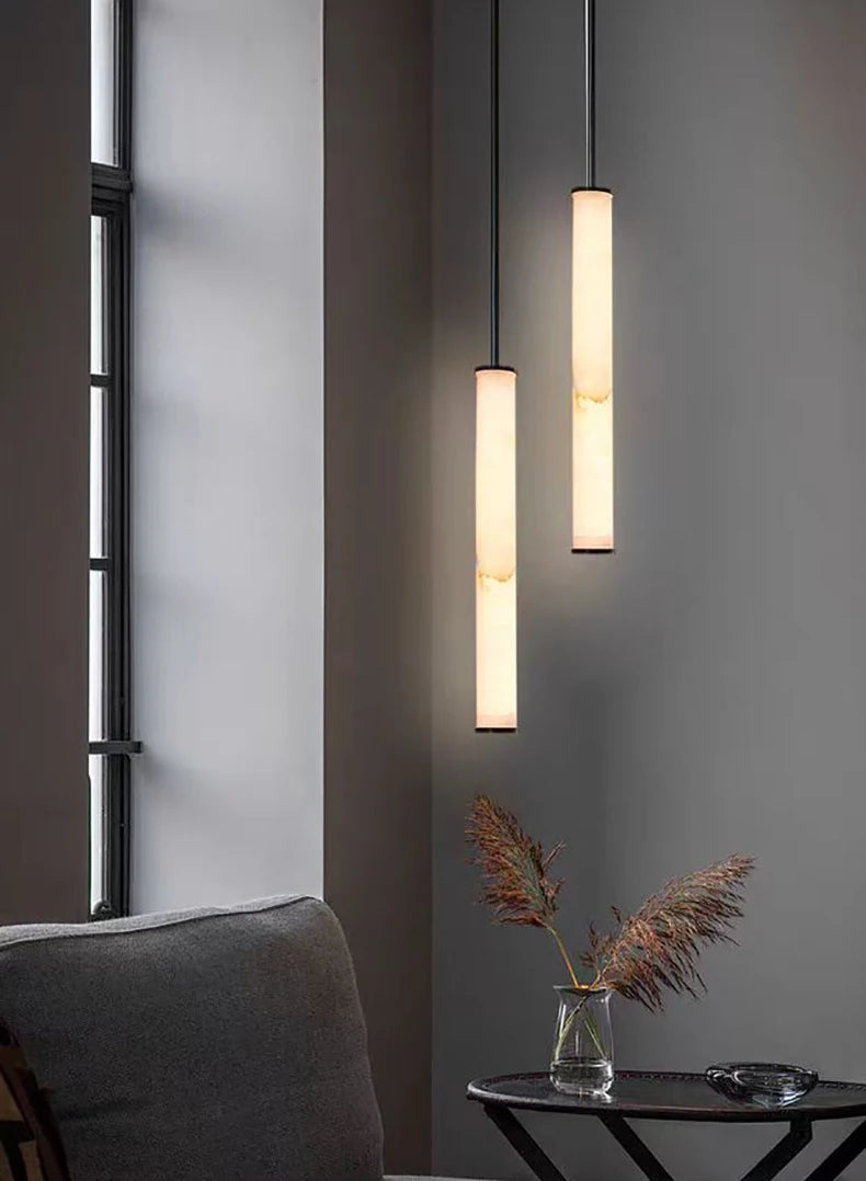 Cylindrical Natural Marble Chandelier Black Brass 3000K Indoor Bedroom Lamp