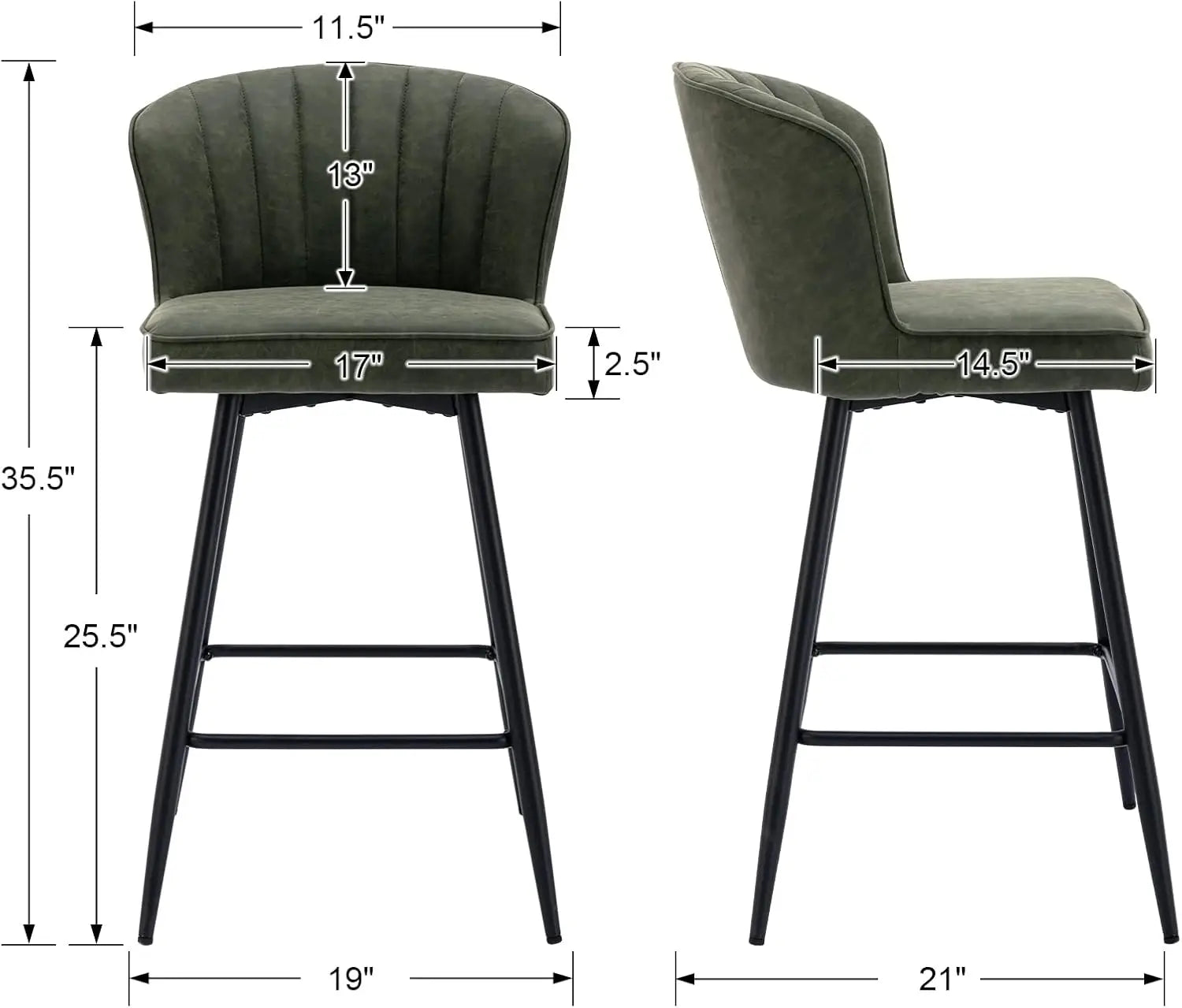Counter Height Bar Stools Set of 2, Modern Leather Upholstered with Metal