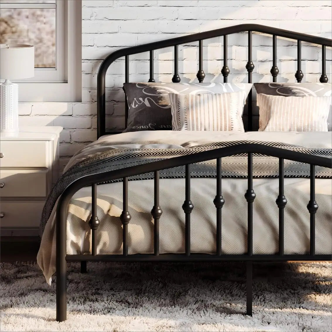 Queen Size Metal Platform Bed Frame with Victorian Iron Headboard, Black