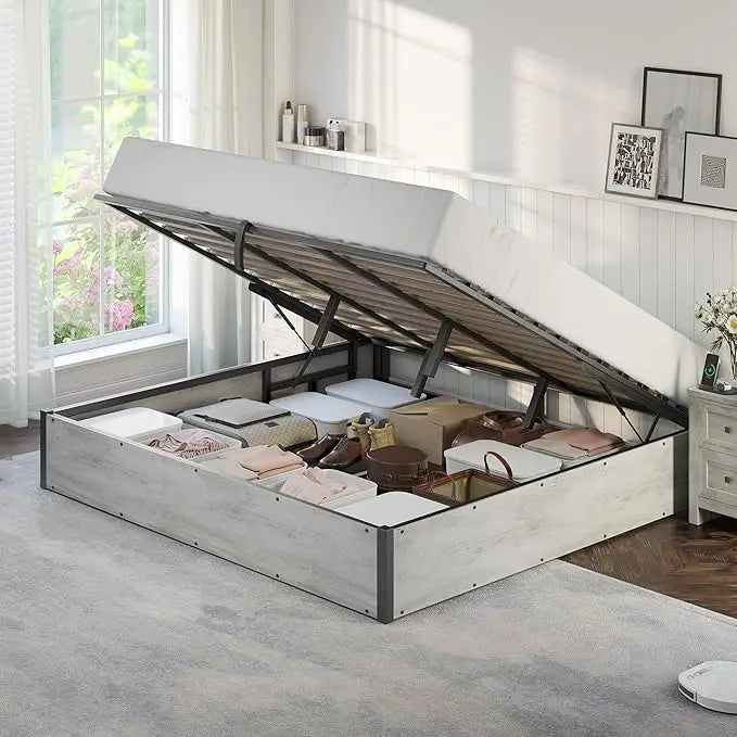Queen Lift-Up Storage Bed — Wooden Platform with Under-Bed Storage