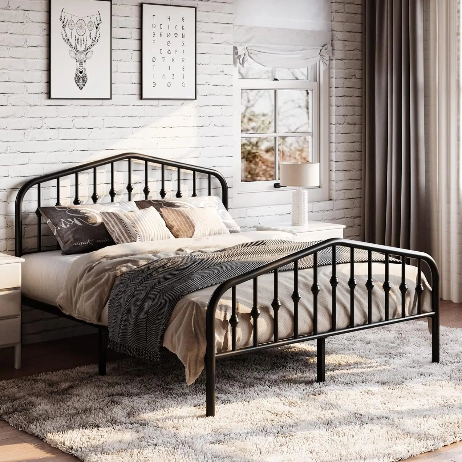 Queen Size Metal Platform Bed Frame with Victorian Iron Headboard, Black