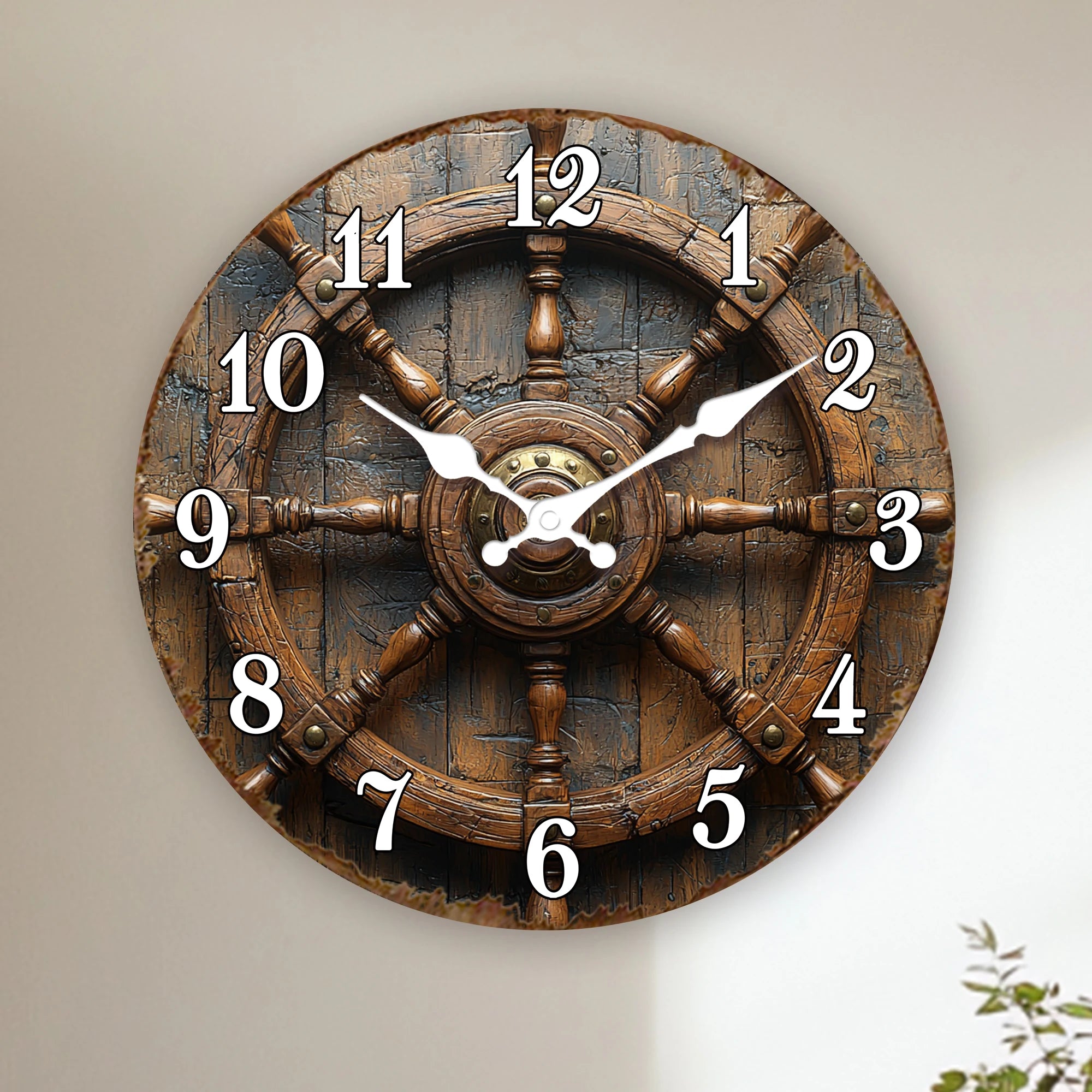 Antique Wooden Ship Steering Wheel Wall Clock - Nautical Decor for Office