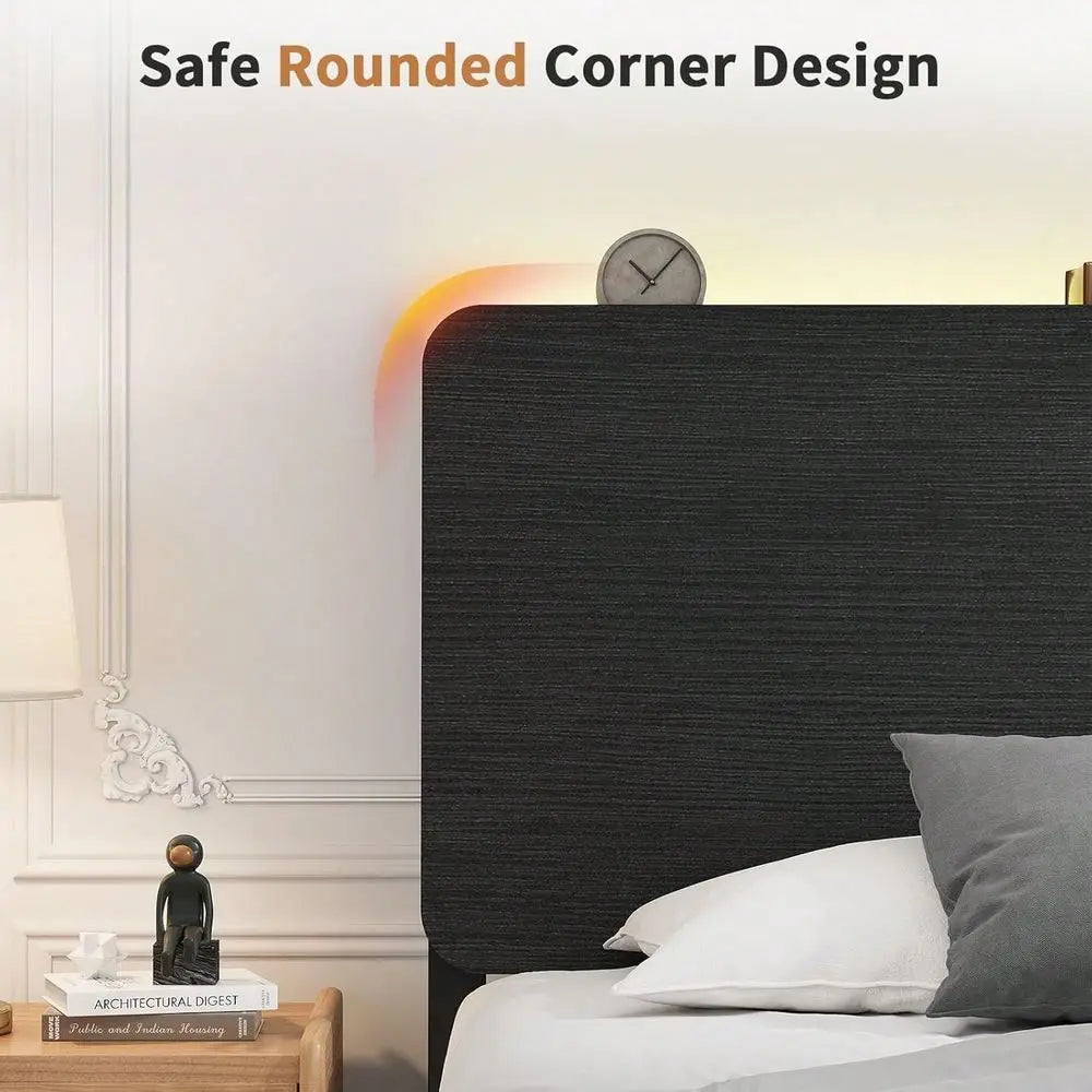 Full Queen Bed Frame With LED Lights, Metal Bed Frame With Wooden Headboard