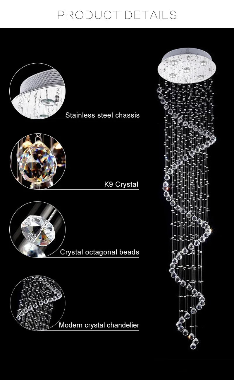 Modern Large K9 Crystal LED Chandeliers for Spiral Living Room Staircase Lamp