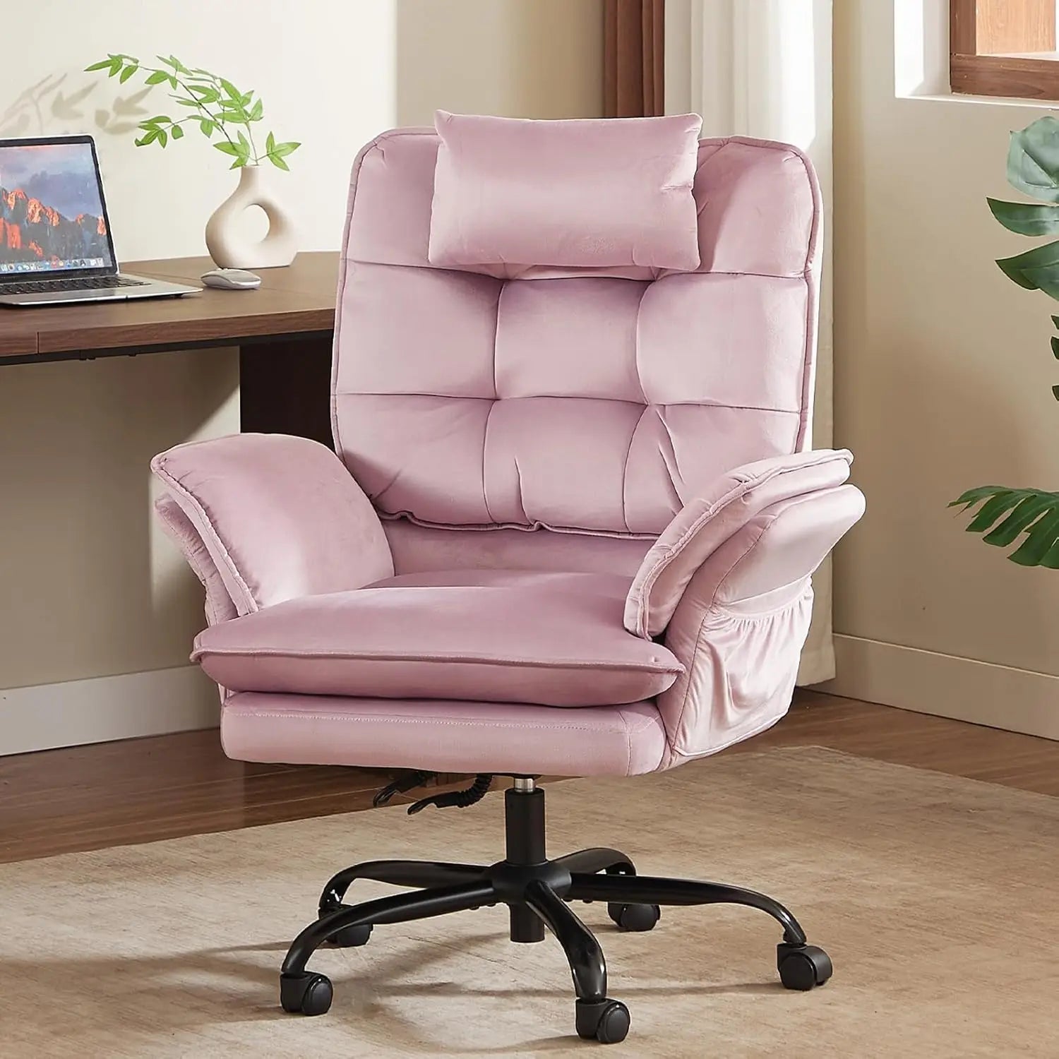 Pink Velvet Criss Cross Chair Flip-Up Armrests Side Pockets Big Tall Desk Chair
