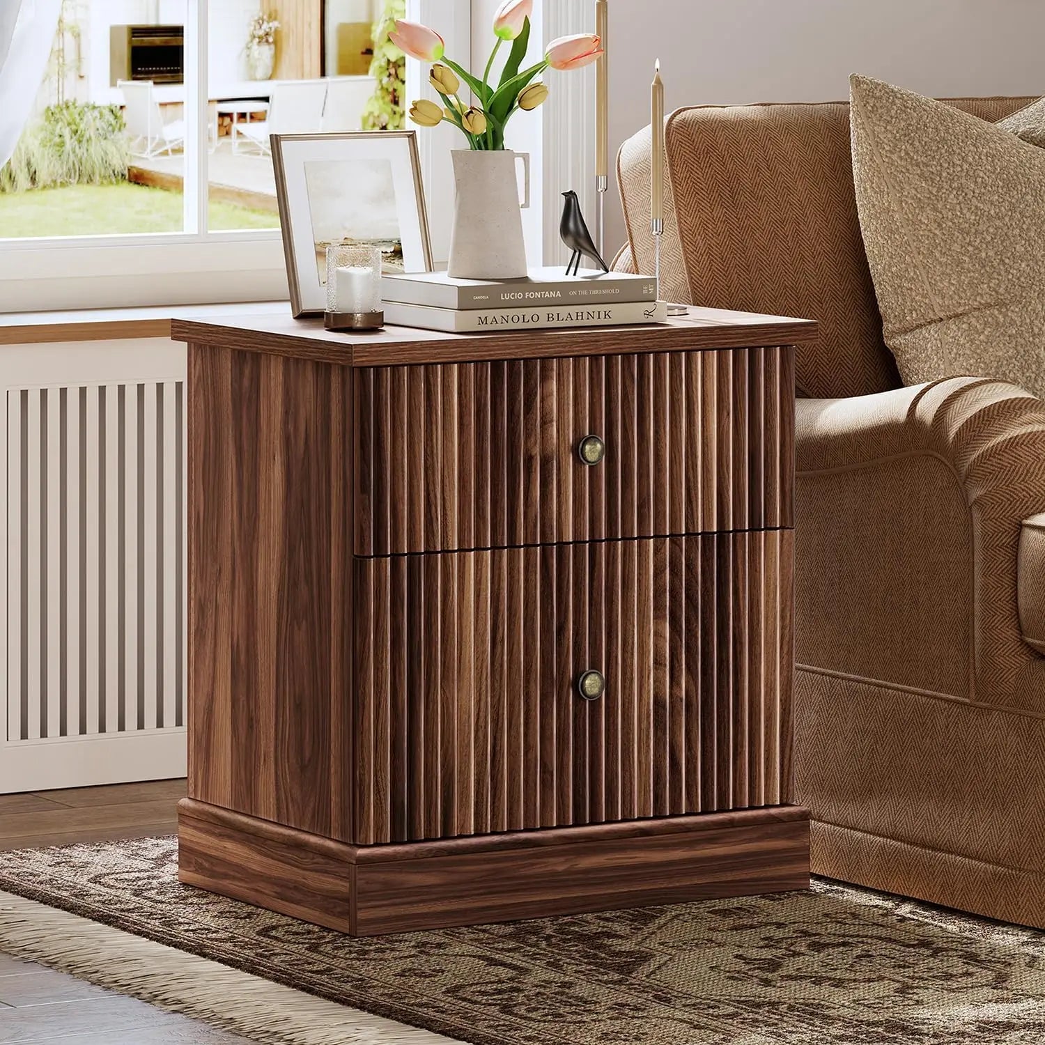 Fluted Nightstand With Drawers, Mid-Century Modern Bedside Table, Slim