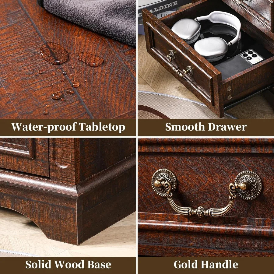 Nightstand with Charging Station Wooden Bedside Table with 3 Drawers for Bedroom