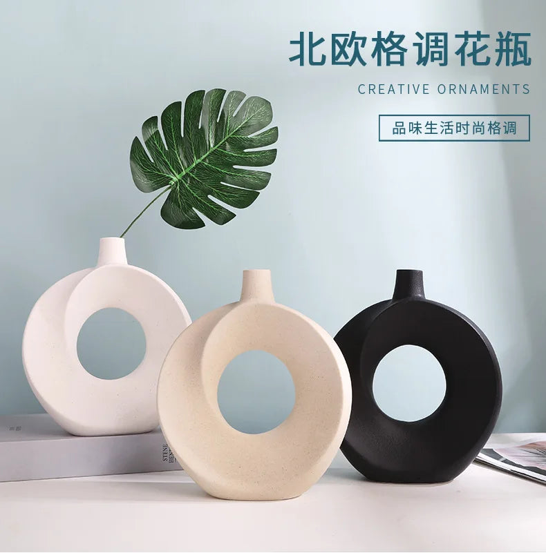 Nordic Ceramic Vase Circular Hollow Donuts Flower Pot Home Living Room