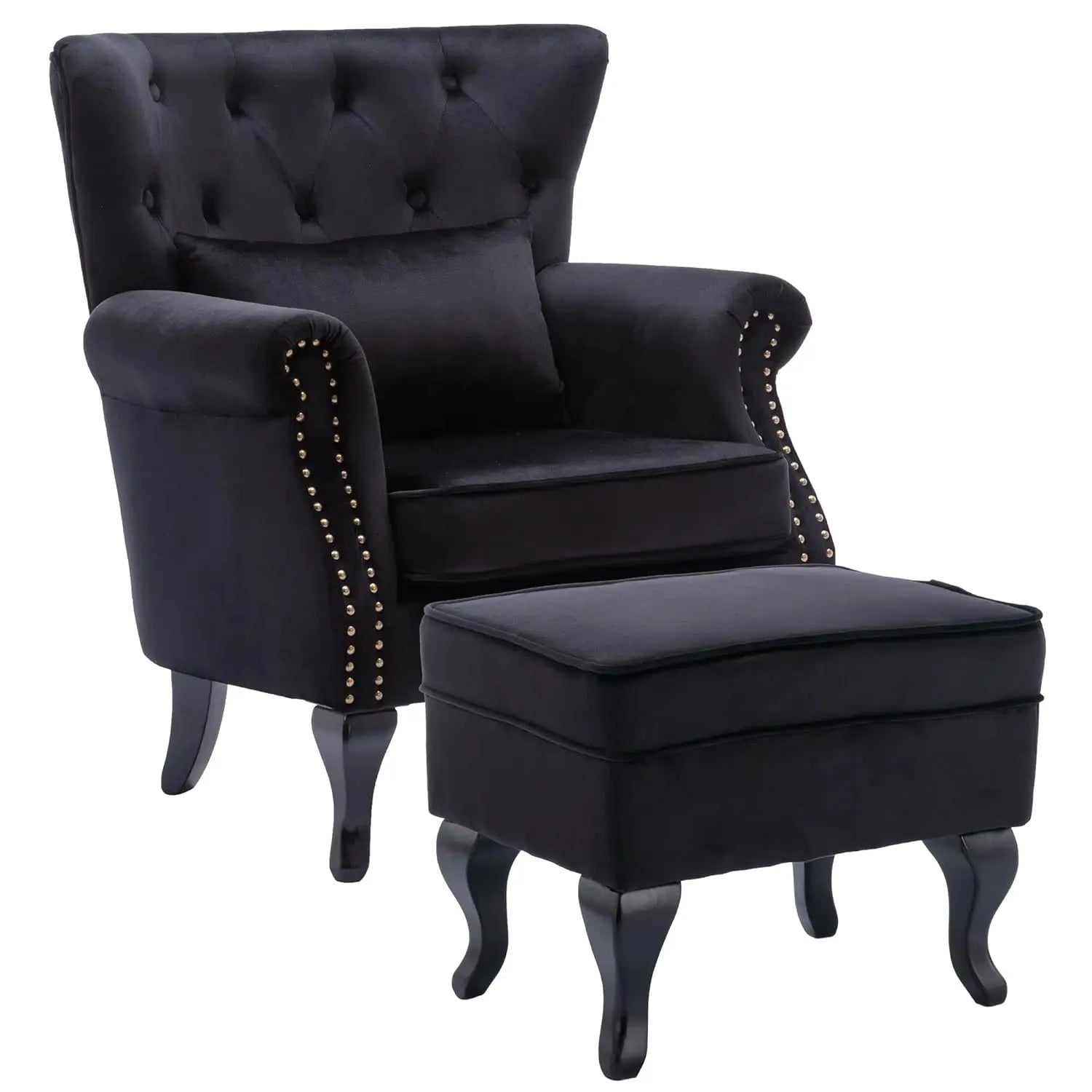 Mid Century Button Tufted Velvet Wingback Accent Club Chair With Pillow