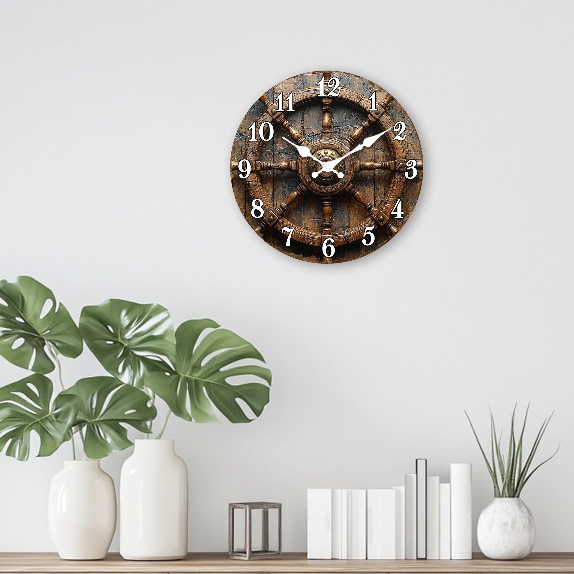 Antique Wooden Ship Steering Wheel Wall Clock - Nautical Decor for Office